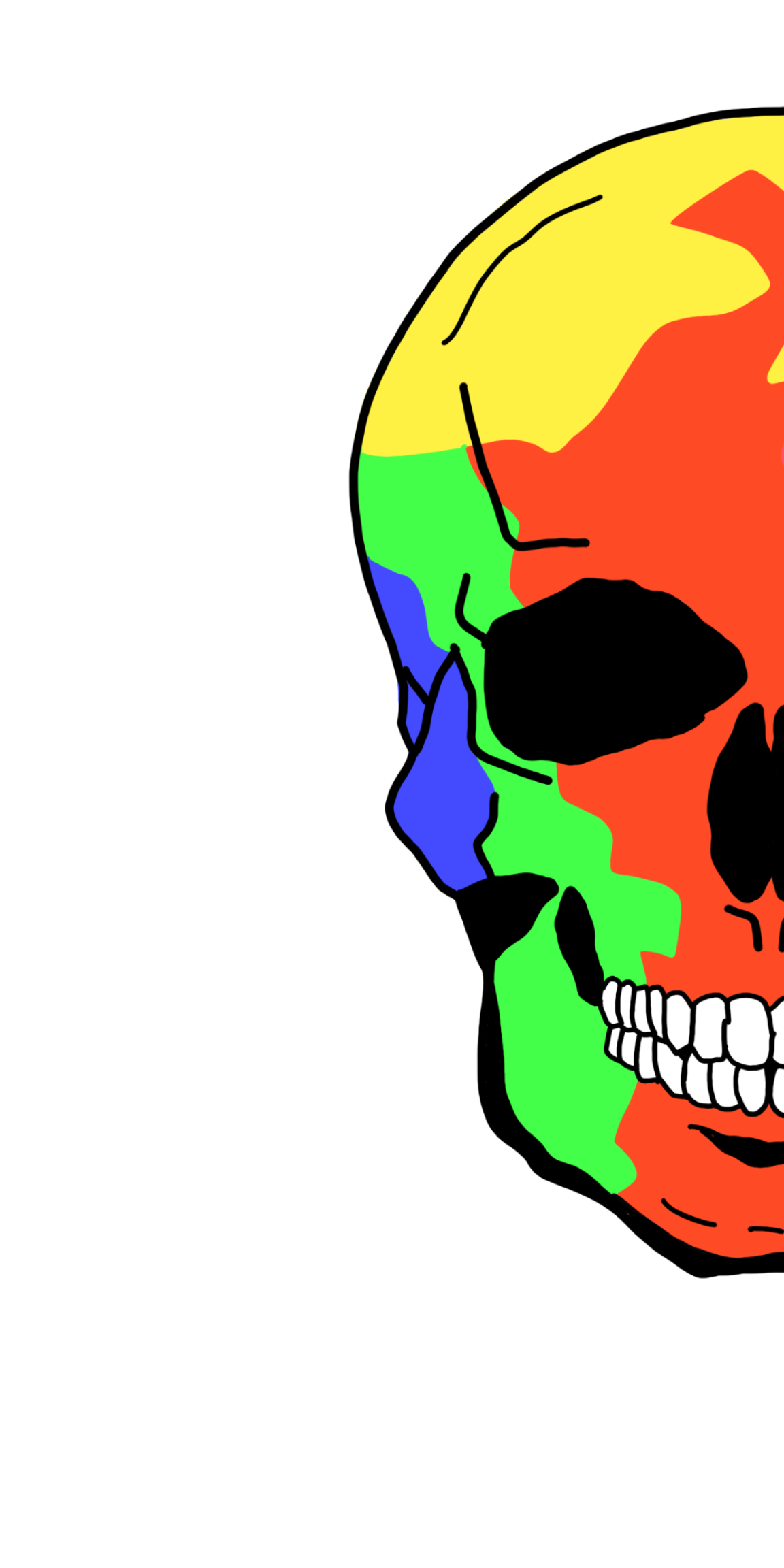 cartoon drawing of the left side of a colorful skull
